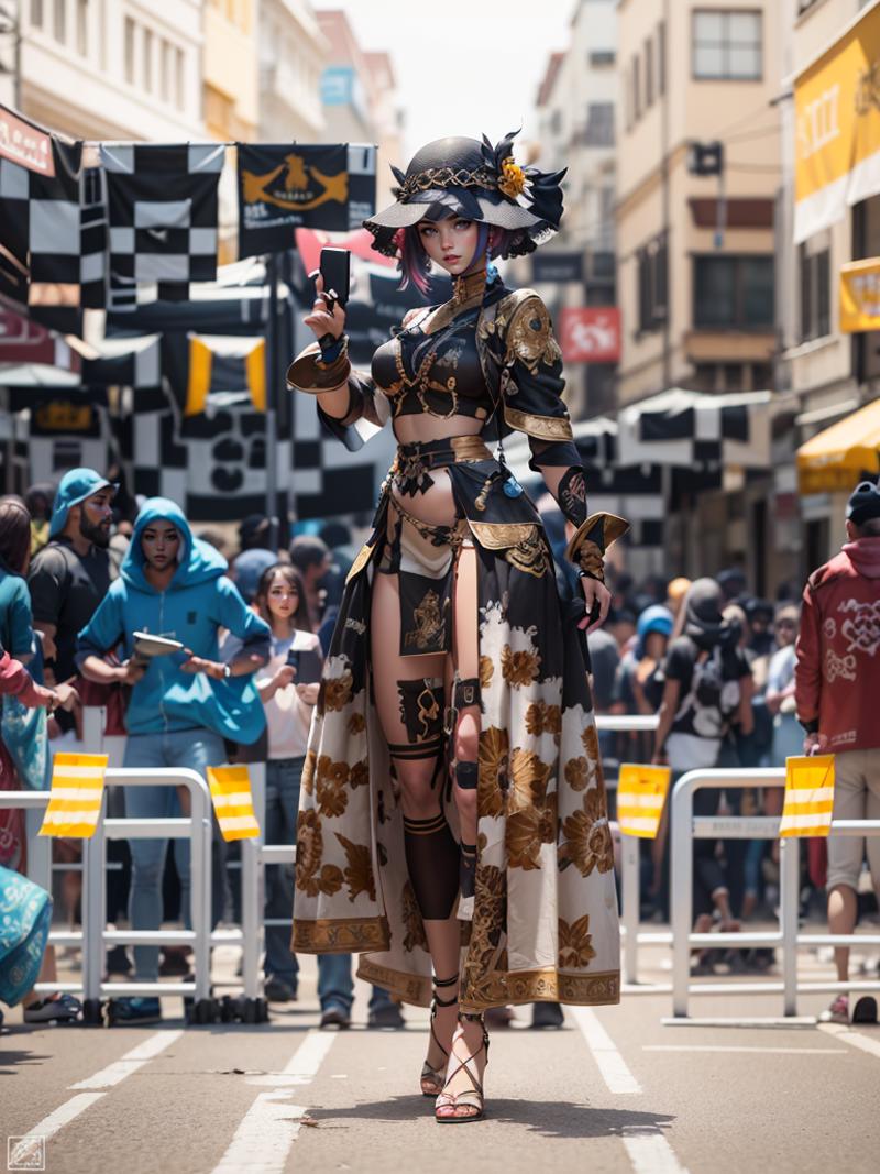 A woman in a costume, possibly a geisha, stands on a street holding a cell phone.