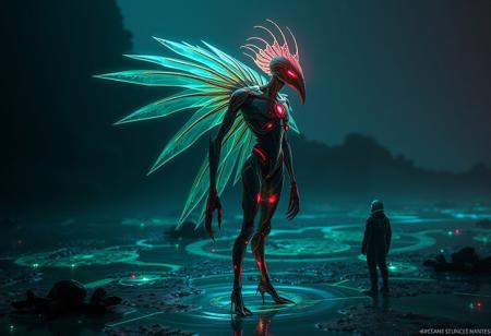 Create a highly detailed, cinematic concept art piece of a Cyber Harpie standing on a Venom Swamp, with sleek, glowing armor and tubes fused with its body, inspired by the styles of Greg Rutkowski, Ilya Kuvshinov, and Pascal Blanche. Incorporate a spaceman standing in the background, looking at the Harpie. Utilize a color palette of three main colors, with a focus on golden ratio and subsurface scattering. Achieve a lifelike, photorealistic quality with clear textures and shadows. The final piece should be in 8K resolution, with a cinematic composition and dramatic lighting. Ensure the character's design is reminiscent of a superhero model, with a mix of android and cyborg elements. Incorporate space jellyfish elements and a glowing aura surrounding the Harpie. The artwork should be created using a combination of Maya, Blender, and Photoshop, with an Octane render. The overall atmosphere should be dark sci-fi, with a sense of utopia, and should be trending on Artstation.