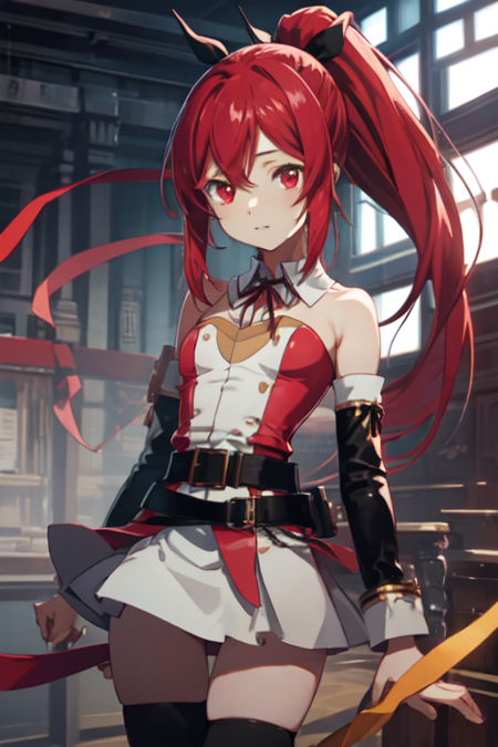 TokiChronowind, 1girl, solo, long hair, red hair, skirt, red eyes, black thighhighs, ribbon, ponytail, belt, detached sleeves, 