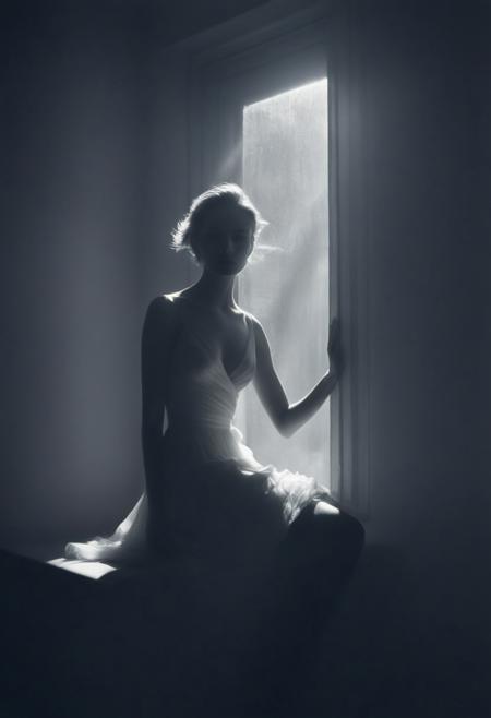 fflixmj6, high-contrast monochrome photograph, a black and white photo of a woman in a dress sitting on a window sill, inspired by Peter Lindbergh, Peter Lindbergh, in black and white, official dior editorial, back and white, by Peter Lindbergh, stunning model, official versace editorial, open back dress, inspired by Helmut Newton, dior campaign, for gq, official jil sander editorial,  calvin klein photograph, patrick demarchelier, supermodel, noir style, editorial of dior magazine, looking at viewer