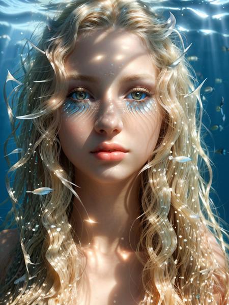 Portrait of a 17-year-old beauty,unparalleled,Fairy,blond Long wavy hair:1.3,under seawater,[face close-up,eyes makeup,(Fish scales:1.2)],pores,(Primitive light and shadows:1.3),