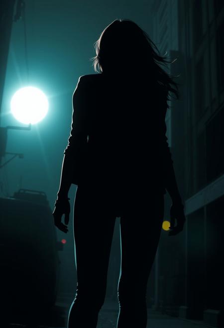 Silhouetted figure against bright backlight, eerie atmosphere, noir crime drama aesthetic. Strong female protagonist, dark tones, unsettling details. Gritty urban setting, dramatic lighting. Graphic novel style, muted colors, emotional depth.