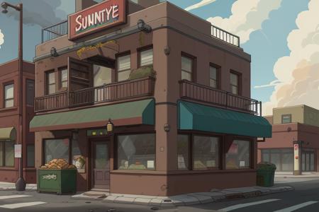 restaurant exterior downtown, bright sunny day, clouds in the sky, alleyway, dumpster, sci-fi, 8k, uhd, masterpiece, highest quality