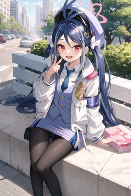 fubuki, twintails, streaked hair, halo, 1girl, antenna hair, heart hair ornament
police uniform, white jacket, blue vest, blue necktie, blue pencil skirt, black pantyhose, police hat
BREAK open mouth, (smug, jitome, smile:1.3), finger to face, walkie-talkie, sitting on concrete barrier
outdoors, city streets, traffic, motor vehicle, (looking to the side:1.1), doughnut box
<lora:chara-fubuki-v1b-32:1>,