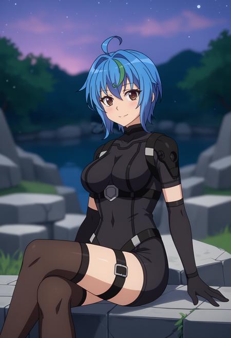 short hair, streaked hair, blue hair, green hair, brown eyes, ahoge XenoviaSchool, black capelet, striped shirt, white shirt, neck ribbon, black ribbon, long sleeves, black corset, buttons, pleated skirt, frilled skirt, purple skirt XenoviaBodysuit, black bodysuit, short sleeves, elbow gloves, black belt, arm belt, black thighhighs