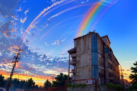 octans, cloud, sky, rainbow, scenery, outdoors, 1girl, solo, blue sky, cloudy sky, power lines, day, house, signature, utility pole, tree, building, skirt, cumulonimbus cloud, shirt, school uniform, white shirt, summer, railing<lora:octans:1>