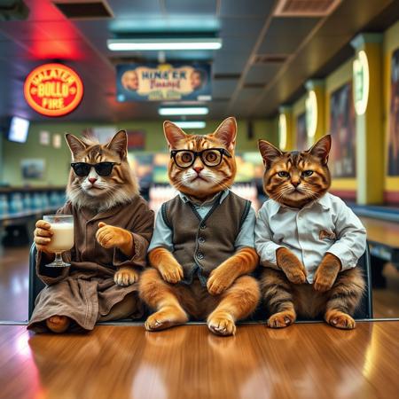 A highly detailed and humorous photo of three anthropomorphic cats recreating the iconic bowling alley scene from *The Big Lebowski*. The characters are sitting in the bowling alley lounge, each with distinct personalities: one cat as The Dude, wearing a robe and sunglasses with a relaxed expression, holding a White Russian; another as Walter Sobchak, wearing aviator glasses and a vest, with an intense look, gesturing as if mid-rant; and the third as Donny, looking clueless and attentive. The retro bowling alley features neon lighting, classic wooden lanes, and vintage seating. The perspective is cinematic, capturing the quirky yet laid-back atmosphere of the film. High-definition, vivid colors, and a film-inspired composition.
