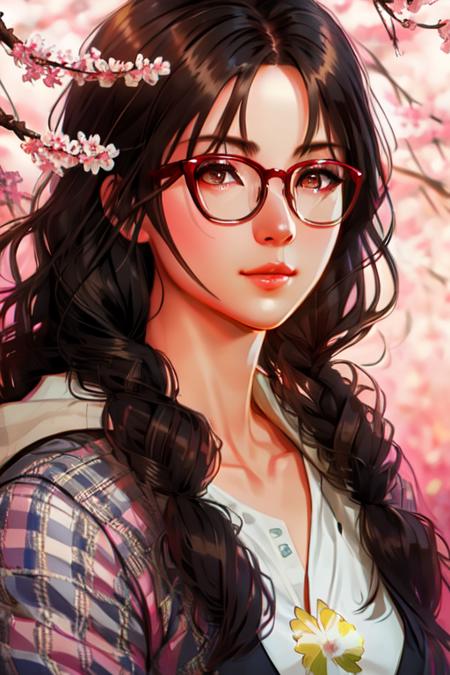 half body portrait of juliachang with glasses, nature, sunlight, bright, particles, cherry blossom, illustration by Greg rutkowski, yoji shinkawa, 4k, digital art, concept art, trending on artstation