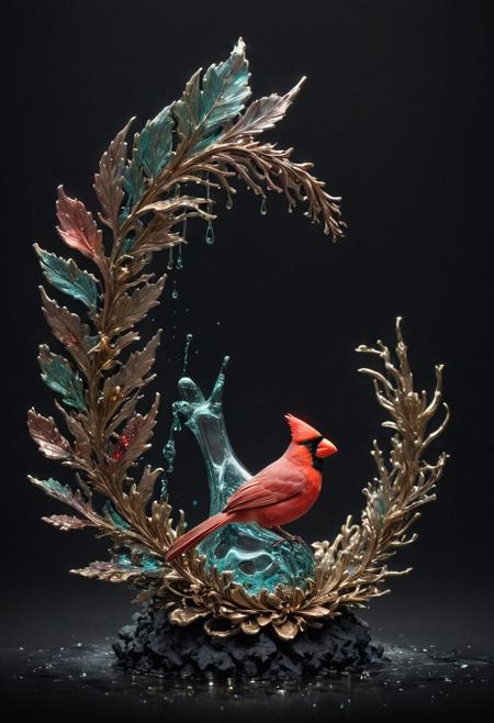 A cardinal bird, 
incredibly fluid, 
detailed, 
3D fractals, 
light particles, 
drops of water, 
shimmering light, 
dreamer, 
surrealist, 
alcohol ink, 
smooth, 
shimmering, 
dreamy glow, pine cone wreath background
conceptual art by Alberto Seveso, 
Anna Dittmann, 
Arthur Rackham, 
16k