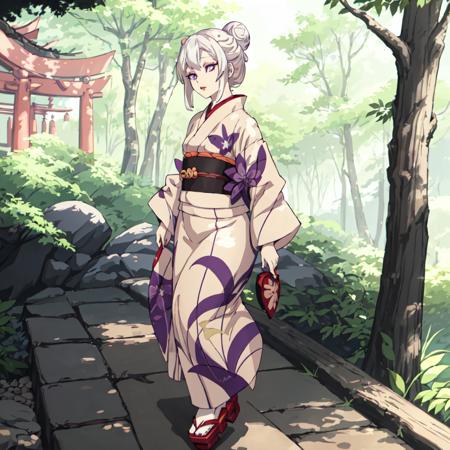 Amane_Ubuyashiki, 1girl, solo,white hair,kimono,makeup, obi, sandals, red lips, long sleeves, wide sleeves, beige kimono, purple eyes,asymmetrical hair,forehead,ringed eyes