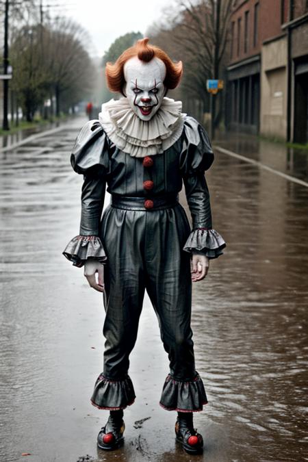 pennywise,wet clothes, wet hair, rain, street<lora:pennywise-000006:1>