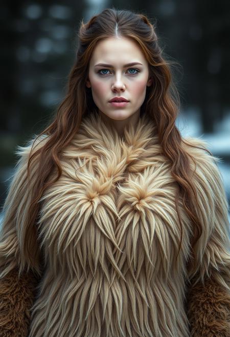 full-length view of a beautiful Scandinavian woman with thick furry fuzzy fluffy fur growing from her body and face