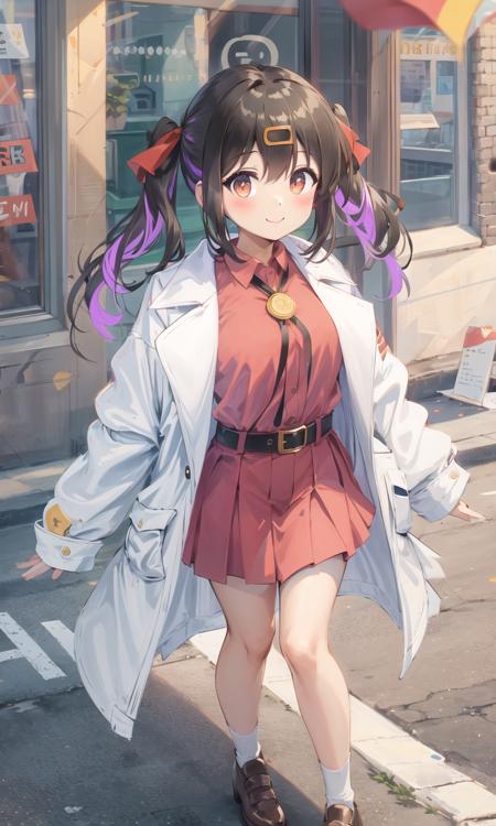 1girl, full body, straight-on, standing, looking at viewer, light smile,  blush stickers, (short twintails:1.2), black hair, hair ribbon, red ribbon, ((hairclip)), closed mouth, ((white long coat)), collared shirt, red shirt, labcoat, long sleeves, hands in pocket, belt, belt buckle,  black miniskirt, solo, bare tree, building, day, outdoors,  street, tree