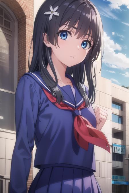 satenruiko, <lora:ruiko saten s3-lora-nochekaiser:1>, 
saten ruiko, black hair, blue eyes, long hair, hair ornament, flower ornament,
BREAK blue skirt, pleated skirt, sakugawa school uniform, school uniform, serafuku, skirt, summer uniform,
BREAK outdoor, city, sky, sun, clouds,
BREAK looking at viewer, (cowboy shot:1.5),
BREAK <lyco:GoodHands-beta2:1>, (masterpiece:1.2), best quality, high resolution, unity 8k wallpaper, (illustration:0.8), (beautiful detailed eyes:1.6), extremely detailed face, perfect lighting, extremely detailed CG, (perfect hands, perfect anatomy),