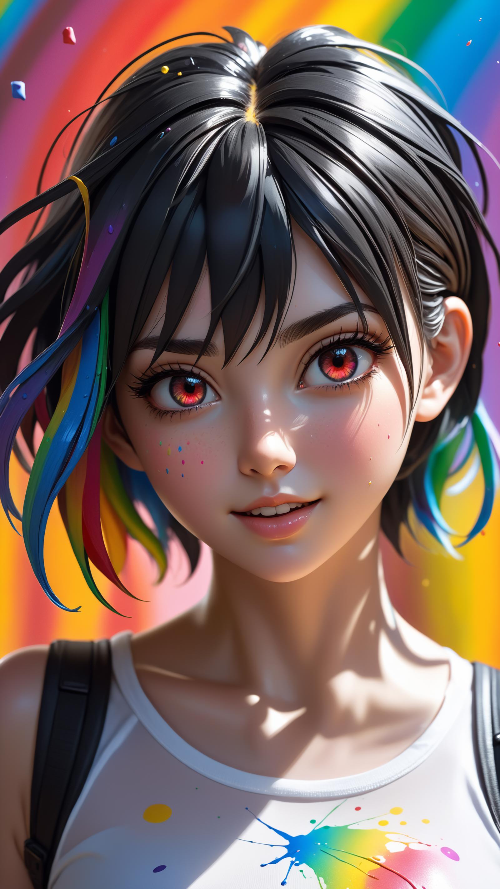 Anime style woman with colorful hair and a painted face.