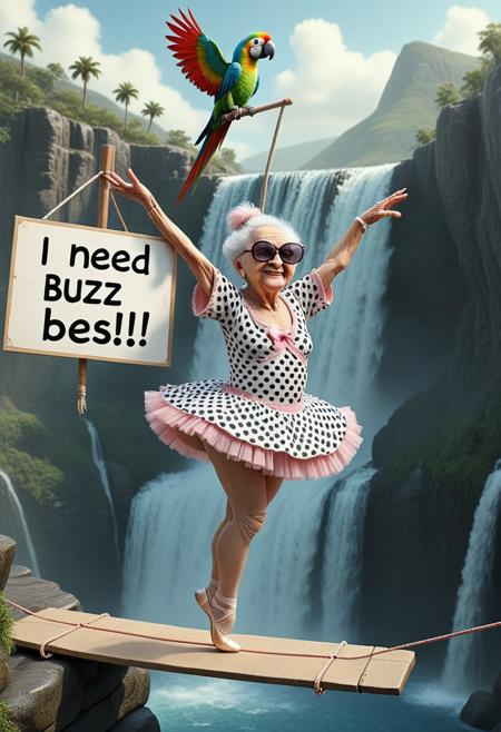 A whimsical, hyper-realistic image of a cute old granny dressed like a ballerina doing ballet on a tightrope high above a waterfall, wearing oversized sunglasses, with a parrot on her shoulder, wearing a polka-dotted dress, and holding a sign that reads "I Need Buzz!" while cheerfully waving.