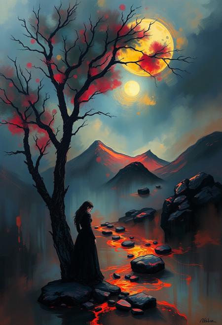 Seeking Peace From Worldly Endeavors,atmospheric surrealism, ethereal lighting, vivid yet moody color palettes, impressionistic brushstrokes, expressive textures, dreamlike landscapes, dramatic contrasts, melancholic undertones, intricate detailing, dynamic compositions, neo-impressionist influences, gothic elegance, figurative abstraction, emotional depth, storytelling through color