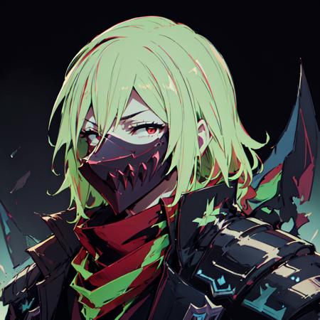 v01k, scarf, male focus, red eyes, mask, shoulder armor,