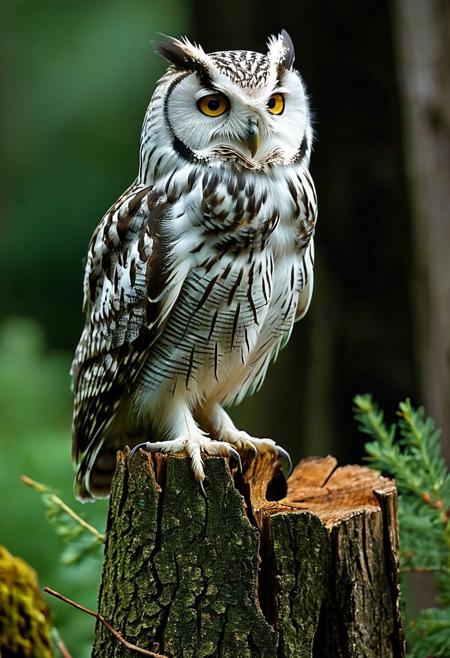 a detailed image of a small owl perched on a tree stump against a dark, blurred background. The owl should have large, bright yellow eyes with black pupils, a sharp beak, and brown and white feathers with a few white spots. The bird's posture is upright and alert, with its head slightly tilted, giving it an inquisitive look. The tree stump should have rough, textured bark, and the background should be dark green, providing a natural and subtle contrast to highlight the owl. The overall atmosphere should be calm and focused on the owl's striking features.