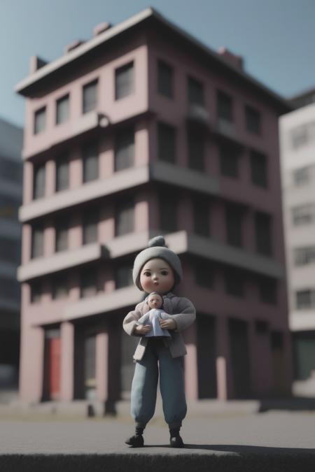 <lora:Moving Meditations:1>Moving Meditations - a person holding a doll in front of a building2