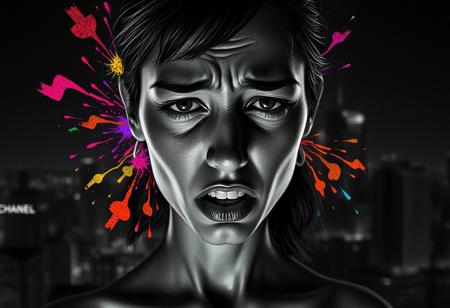 A hyper-realistic young woman with elongated facial features, her expression a mix of pain and confusion. Emotions—anger, joy, sadness—visibly spill from her eyes, mouth, and body as vibrant, abstract symbols. These symbols explode in vivid, electric colors, contrasting sharply with the black-and-white palette of the scene. Her skin alternates between crusted dryness and a shimmering, dewy sheen, creating an unsettlingly real texture.
The lighting is cinematic and refined, ensuring every detail stands out sharply, with a nod to elegance reminiscent of Coco Chanel but with an Andy Warhol flair—artsy, bold, and slightly rebellious. The shot uses Panavision anamorphic lenses, giving a wide, immersive view with delicate lens flares that enhance the dreamy quality.
Behind her, a dark city skyline glows faintly with neon lights, distorting slightly at the edges, adding to the claustrophobic, yet luxurious atmosphere. The scene feels intense, yet chic, balancing overwhelming emotion with a sense of artistic sophistication.