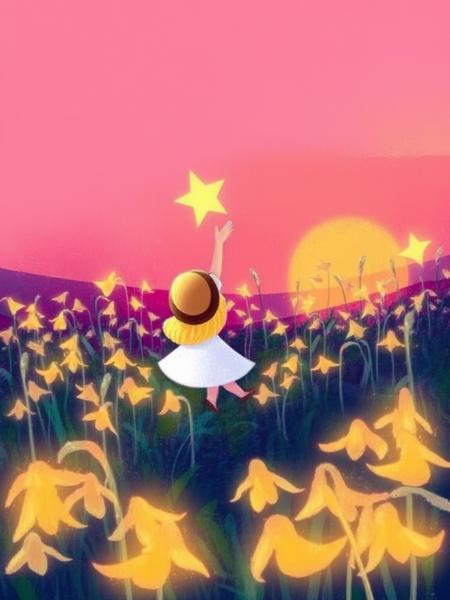 A digital painting features a blonde girl in a white dress with a brown hat walking through a field of tall lilies at sunset. She reaches out to a star against the darkening sky. The background is a gradient from pink to dark purple, with the lilies glowing. The style is whimsical with a touch of surrealism. best composition, best quality,masterpiece, vibrant colors, healing atomosphere