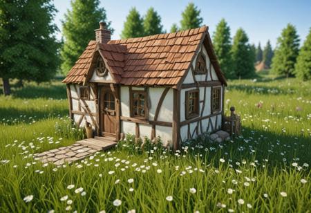 real life, medieval tiny house reenactment, meadow background,
detailed, professional,  slick, 3d, unreal engine, render, ray tracing,
high quality, masterpiece, highres,