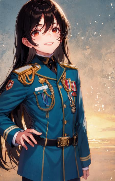 1girl, bangs, belt, black_hair, brown_hair, eyebrows_visible_through_hair, hair_between_eyes, hand_in_pocket, hand_on_hip, hands_on_hips, long_hair, long_sleeves, looking_at_viewer, military, military_uniform, necktie, red_eyes, smile, solo, uniform, upper_body <lora:style_shirabii:1>