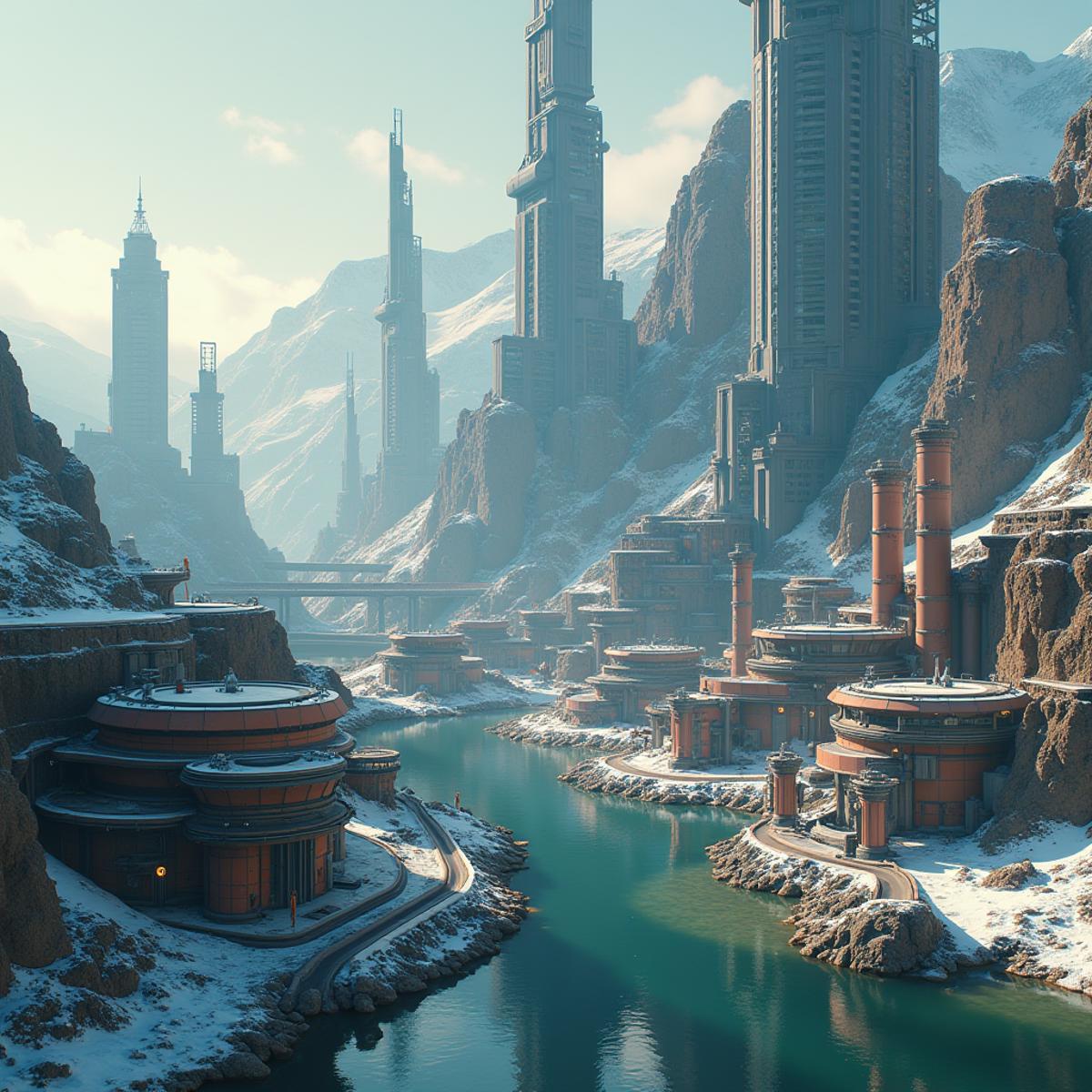 Masterpiece, a high-definition photograph of a futuristic cityscape in a fjord in Greenland, cityscape, pipes and construction details, bunkers, spaceport, Greenland, summer, (mountains:1.15), skyscrapers, signages, various styles of buildings, zoomed out, in style of event horizon, sci-fi aesthetic, deep colors, inspired by Outland