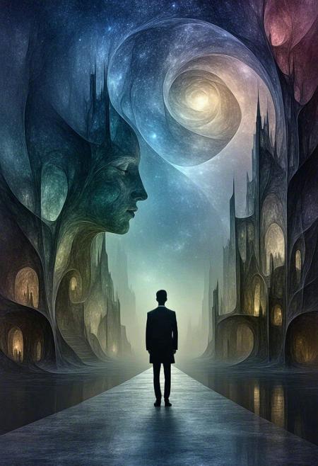 Ephemeral human silhouette, composed of swirling starlight particles and forgotten whispers, gazes not outward, but into a vast, multi-layered cityscape woven from liquid temporal distortions and fractured stained glass. Impossible Escher-esque architecture folds upon itself under localized gravity fields. Style: Surrealism of Remedios Varo meets the intricate biological geometry of Ernst Haeckel, rendered with ethereal, volumetric light shafts. Atmosphere of profound solitude, lucid dreaming logic, quiet cosmic horror. Shimmering chromatic aberrations subtly fringe the scene. Vastly different interpretations encouraged.