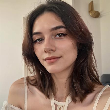 high quality, masterpiece, cinematic, 8k uhd, Beautiful closeup photo of a 20 yr old woman, light makeup, small eyeliner, medium sized lips, small nose, sharp eyebrows, long and defined eyelashes, detailed reflective eyes, blush, smiling, very good lighting, detailed imperfect skin, detailed eyeliner, sitting up, close up of face, skin pores showing, middle part hair, middle part, american woman, <lora:wolf_cut:1>, imperfect skin with pores, rough skin