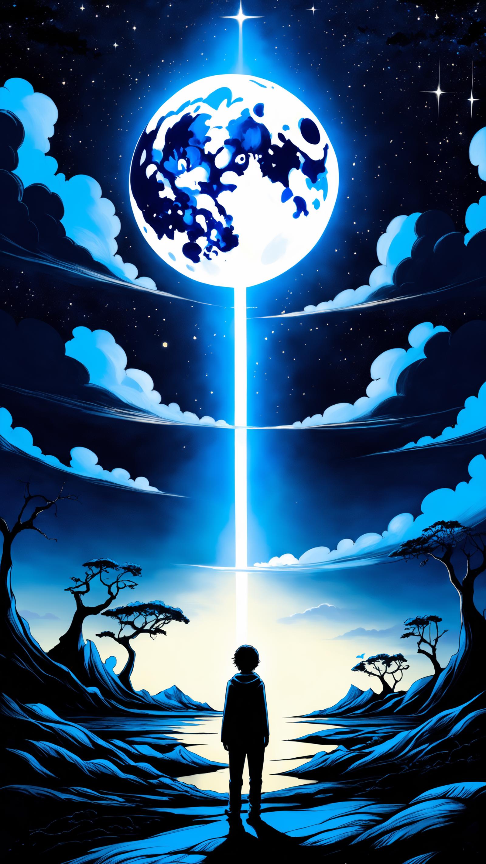A silhouette of a person standing in front of a large moon at night with trees in the background.