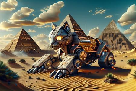 egypttech, A large robot Cat in the desert, city of pyramids in the background.