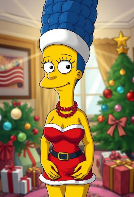 detailed, The simpsons comic by Croc, 1girl, m_s, Marge, solo, tall beehive hairstyle, round eyes with black pupils, black eyes, perfect tight breasts, Expressiveh, red pearl necklace, blue hair, yellow skin, sexiest pic on earth, perfect woman, goddess alive, marge perfect body, skindentation, showing boobs, dress pulled down to waist, christmas minidress, christmas, santa hat, santa costume, standing, sexy pose, adult pose, teasing, ((horny expression 0.2)), , front view, indoors, christmas tree, presents, small color light on christmas tree, christmas ornaments, sun-ray, depth of field, from above, upper body, detailed background, sharp background, master piece, Good color composition, great quality, (((perfect face))), ((perfect eyes)), perfect hands,