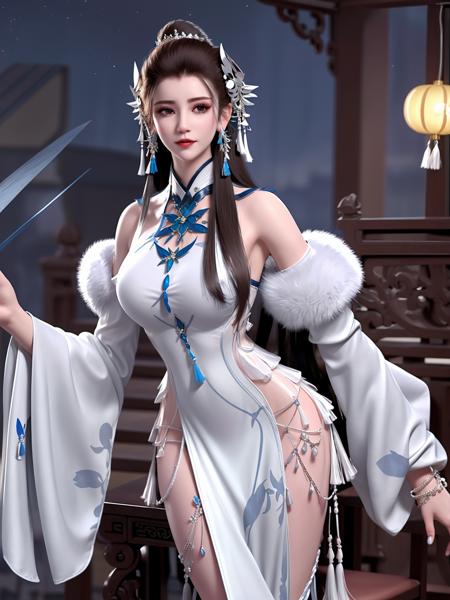 long hair, dress,silver earrings, bare shoulders, jewelry, detached sleeves, chinese clothes, standing,tassel,white tassel earrings, thigh boots, fur trim,blue choker, cityscape, night,looking at viewer, mature female,hair ornament, sitting,chair,natural pose,  <lora:CFyyyXG_20230718200648:0.75>