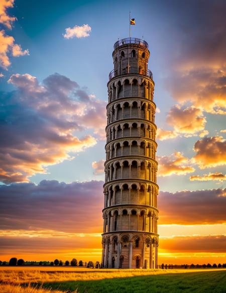 tow9is, tower, Spectacular light, sunset, a large building with a tower in the background of a field of grass and a sky background with clouds and sun