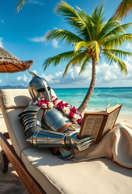 epic photograph of an intimidating templar knight in full armor wearing a welcoming flower necklace laying down on a chaise longue of a Hawaiian beach resort, reading the bible