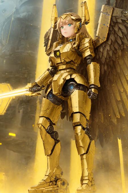 1girl, (robotic valkyrie:1.1), (gates of valhalla:1.2), (battle armor:1.1), (dystopian future:1.1), golden wings, frown, (masterpiece:1.1), best quality, ultra high detail, (by Charles Marion Russell and Frederic Remington:1.1), yellow and green, extremely intricate, extreme detail, raytracing, reflections, beautiful lighting, harsh lighting, contrast