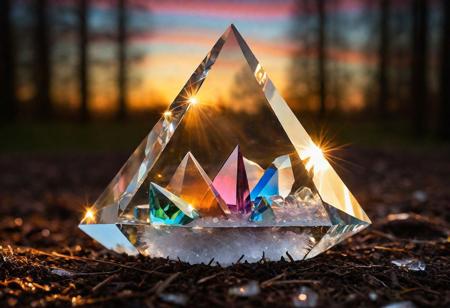 ethereal landscape, majestic crystals emerging from the ground, geometric crystal shapes including fine needles and geometric blocks, intense light reflection on crystals, transparency and inclusions like distant stars, crystalline fragments with rainbow reflections, magical and wondrous atmosphere, blend of visual order and chaos