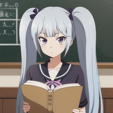 (masterpiece:1.1),(best quality:1.1),Sakai_Tama,1girl,solo,long hair,purple eyes,ribbon ,grey hair,twintails,school background with blackboard,blackboard reading the sentence: "Sakai Tama",anime style,in the style of berserk,studio ghibli<lora:Sakai_Tama-06:0.7>