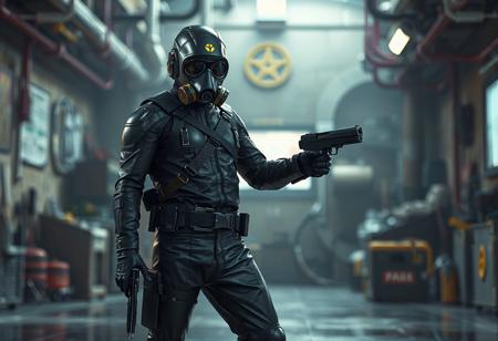 "A hyperdetailed cinematic concept art of a Science Soldier standing prominently in the foreground, dressed in a sleek black outfit with a gas mask covering its entire face. The gas mask features a distinct yellow symbol, adding a mysterious and futuristic vibe. The soldier is equipped with a belt and holds a weapon in its right hand, exuding readiness and tension. The blurred background of a Fusion Recycling Plant depicts a room with various objects and a possible window, hinting at a larger narrative. The soldier is positioned on a floor, with an isometric composition that emphasizes its dynamic action pose. Rendered in Octane and Unreal Engine 5, with 8K resolution, lifelike details, sharp lines, and stunning, harmonious colors. The scene features captivating lighting, balanced editing, and a creative angle, trending on ArtStation, CGSociety, and ArtStationHQ. Inspired by the styles of Raphael, Houdini, and Grammer Effect, with vivid emotions and a powerful message. The Science Soldier’s design showcases handcrafted precision, impeccable composition, and a sense of futuristic intrigue, evoking a narrative-driven, high-stakes atmosphere."