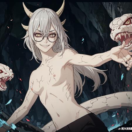 snake yakushi kubato, 1girl, solo, ((long sliver hair)), slitted pupils, round glasses, slim waist,(((girl))), girl, upper body portrait, smiling, maniacal, evil smile, creepy, ((naked upper body)),  medium breasts, black trousers, white skin, fighting position, dark cave background, snakes, dynamic angle,  leering, long hair