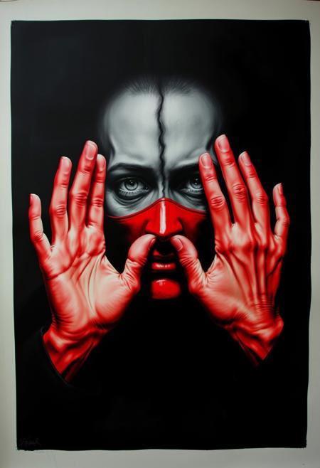 surreal portrait, emotional duality, grayscale and red color scheme, expressive hands, split face, red mask, conceptual art, dramatic lighting, black background, symbolic composition, psychological depth, inner conflict, modern surrealism, haunting visual style, graffiti, street art, expressionism, flat colors, high contrast, vibrant