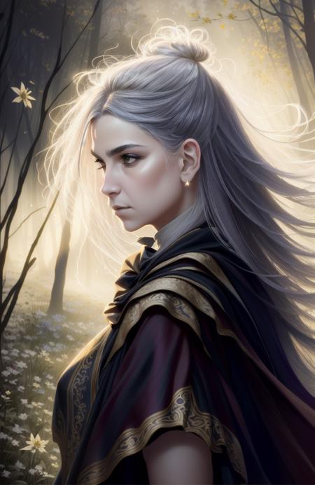 an old (witch:1.3) ti-slaaneshdaemonette, (wrinkled face:1.3), hair blowing in wind, (face focus:1.2), (storm:1.2), under trees at the (edge of forest:1.4) background, looking at viewer, realistic, masterpiece, highest quality, (backlighting:1.7), (lens flare:1.1), (bloom:1.1), (chromatic aberration:1.1), by Jeremy Lipking, by Antonio J. Manzanedo, Style-Demonic