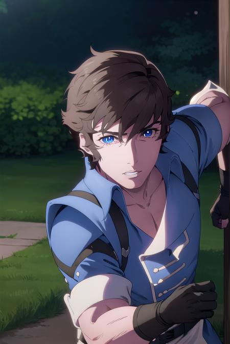 richter, short hair, bangs, blue eyes, brown hair, (bright pupils:1.5), shirt, gloves, collarbone, jacket, short sleeves, black gloves, belt, pants, fingerless gloves, blue jacket, white pants,