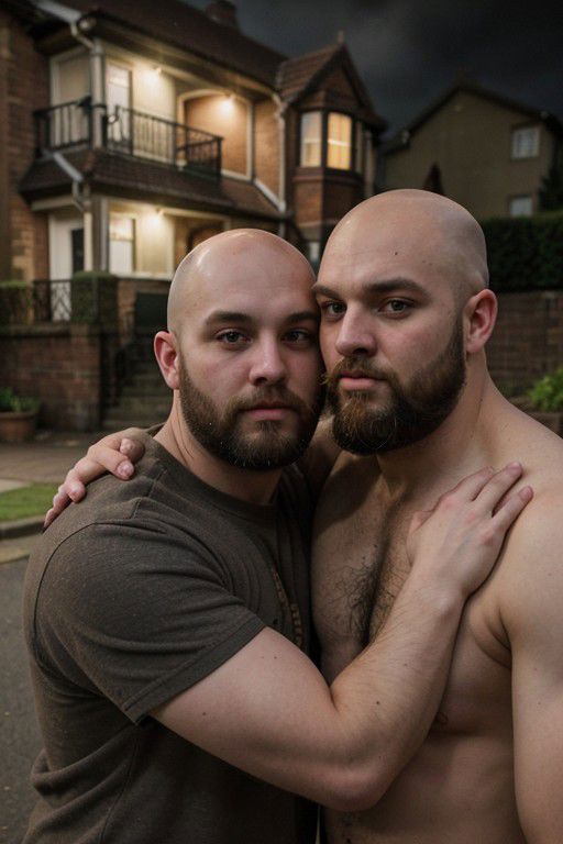 masterpiece, best quality, one is tall, bald and bearded, beefy, fseconf guy is younger and short and front of other man,adult males, beards, chavs, rough, dirty, Mancunian, mean, bullies, druggies, skinheads, in front of suburban house, hugging, homoerotic, realistic, dramatic lighting, atmospheric, intricate detail