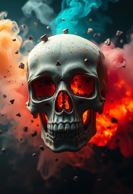 detailed Skull exploding into millions of pieces from the inside into multi-colored smoke, high quality, 4K, hyper realistic