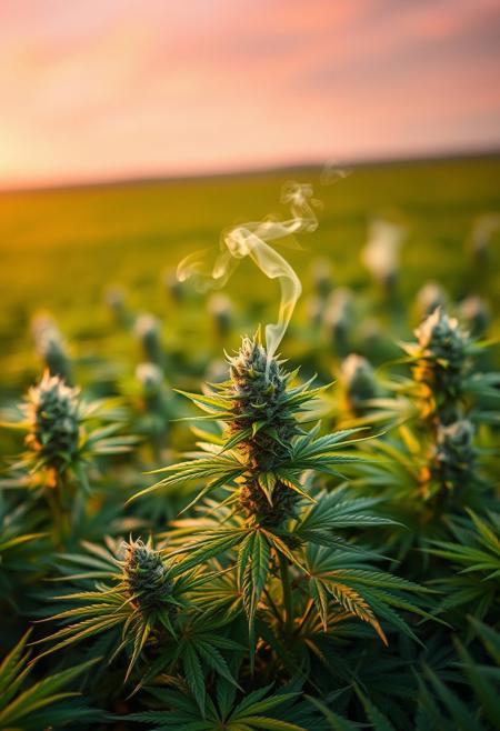 vibrant cannabis field, (lush green leaves:1.4), (sunset glow:1.2) casting warm light over the plants, (detailed textures:1.5), smoke swirling softly in the air, (cannabis buds:1.3) glistening with trichomes, peaceful and serene atmosphere, (natural light:1.4), wide field stretching into the distance, (colorful sky:1.2) with shades of pink and orange, (high-definition:1.6), (ultra-realistic textures:1.5), close-up details of cannabis plants, (soft focus in the background:1.2), modern, laid-back aesthetic, perfect for a cannabis culture feature, chill and relaxed vibe, (overexposed:-1.4), (unnatural colors:-1.5), (blurry:-1.6), (low-resolution:-1.7), (harsh lighting:-1.5), (distorted textures:-1.6)