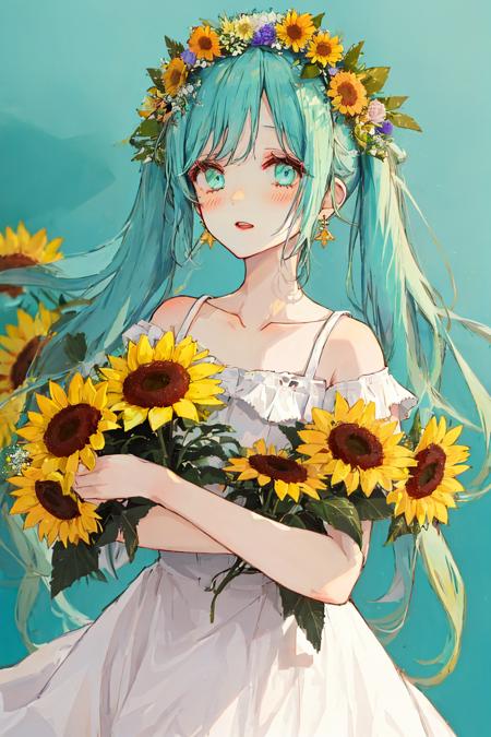 1girl, aqua_background, bangs, bare_shoulders, blue_flower, blush, closed_eyes, collarbone, daisy, dress, earrings, eyebrows_visible_through_hair, facing_viewer, floating_hair, flower, flower_wreath, hair_flower, hair_ornament, hatsune_miku, head_wreath, jewelry, leaf, long_hair, off-shoulder_dress, off-shoulder_shirt, off_shoulder, orange_flower, parted_lips, pink_flower, pink_rose, red_flower, red_rose, rose, shirt, short_sleeves, simple_background, solo, sunflower, twintails, upper_body, very_long_hair, white_flower, white_shirt, yellow_flower, yellow_rose<lora:style_赤仓:1>