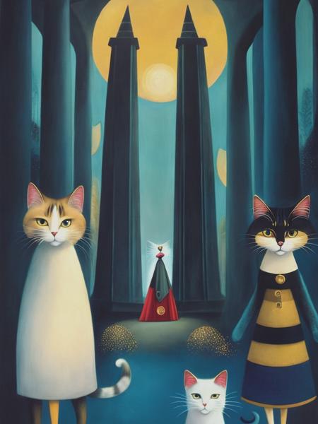 <lyco:TracieGrimwood:1.0> an animation of a cat walking with two other cats, in the style of christian schloe, jeremiah ketner, didier loureno, elongated figures, pop art prints, dark gray and blue, columns and totems